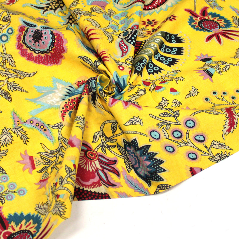 Tissu coton fin imprimé INDIENNES, jaune aux fleurs et motifs indiens multicolores