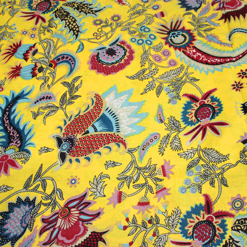 Tissu coton fin imprimé INDIENNES, jaune aux fleurs et motifs indiens multicolores