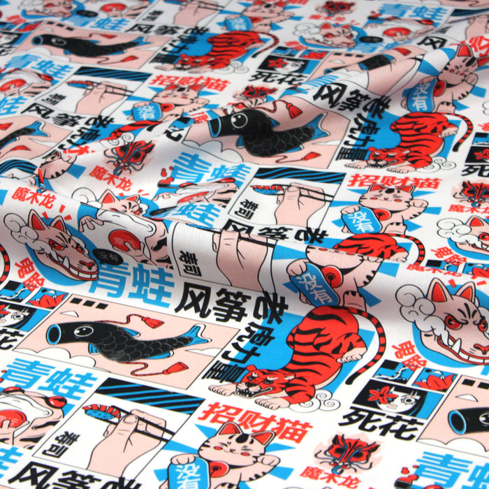 Tissu de coton TOKYO aux motifs japonais modernes oranges et bleus