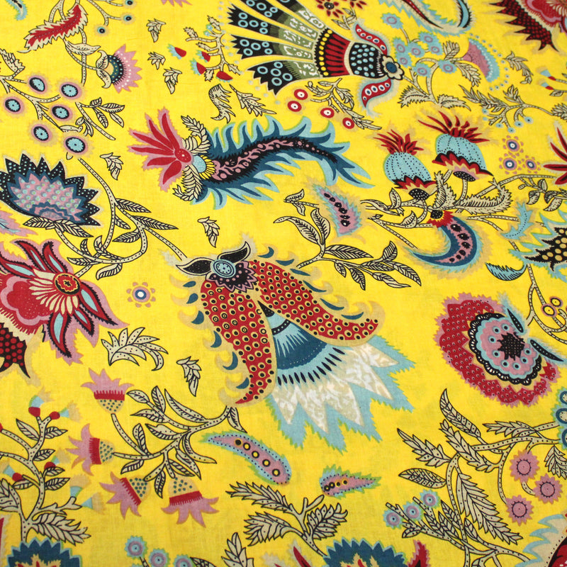 Tissu coton fin imprimé INDIENNES, jaune aux fleurs et motifs indiens multicolores
