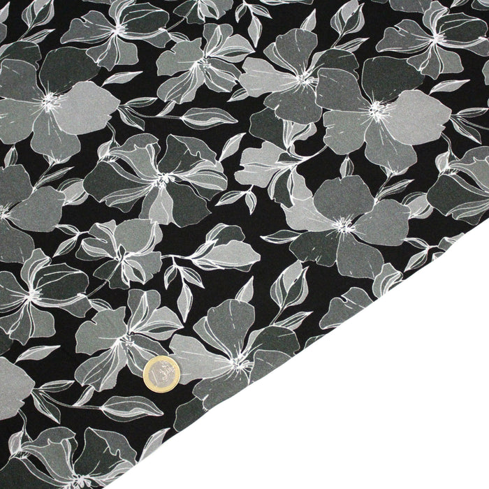 Tissu Microfibre de viscose noir aux fleurs grises - OEKO-TEX®