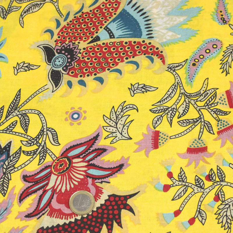 Tissu coton fin imprimé INDIENNES, jaune aux fleurs et motifs indiens multicolores