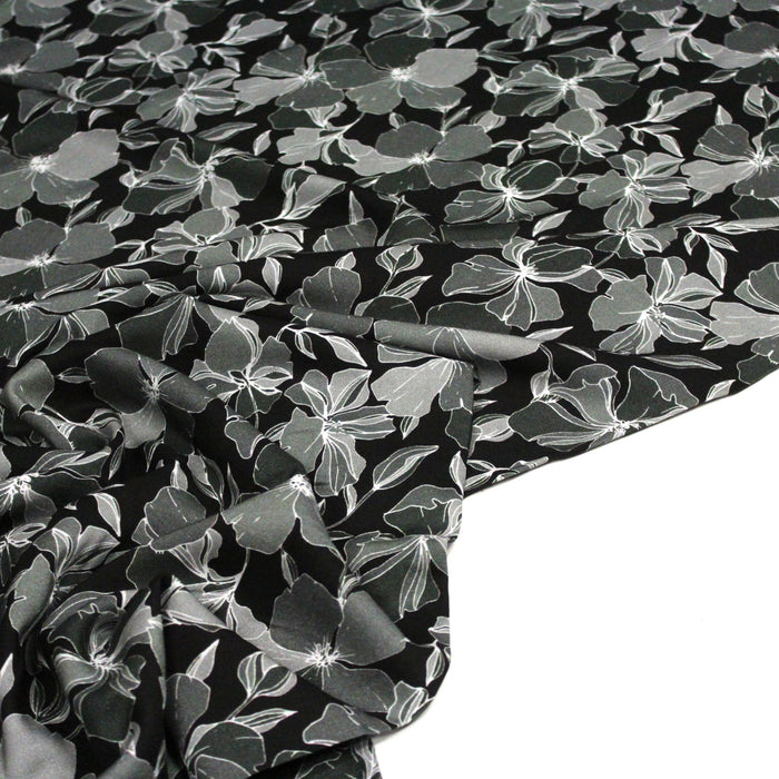 Tissu Microfibre de viscose noir aux fleurs grises - OEKO-TEX®