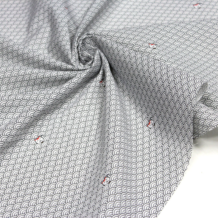 Tissu de coton motif japonais seigaiha et le petit chat maneki-neko, noir & blanc
