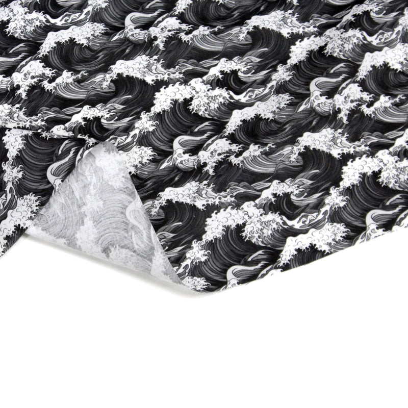 Tissu cotonnade motif japonais de la vague Kanagawa d’Hokusai, tons noirs & blancs - OEKO - TEX - TissusPapi.com