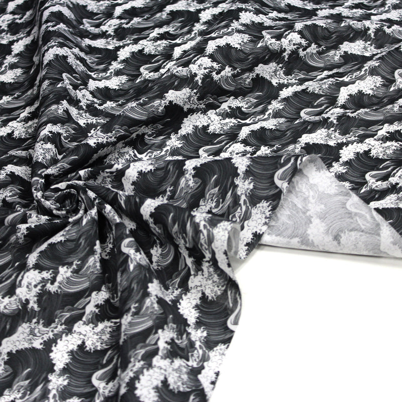 Tissu cotonnade motif japonais de la vague Kanagawa d’Hokusai, tons noirs & blancs - OEKO - TEX - TissusPapi.com