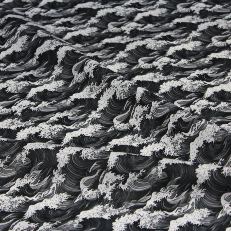 Tissu cotonnade motif japonais de la vague Kanagawa d’Hokusai, tons noirs & blancs - OEKO - TEX - TissusPapi.com