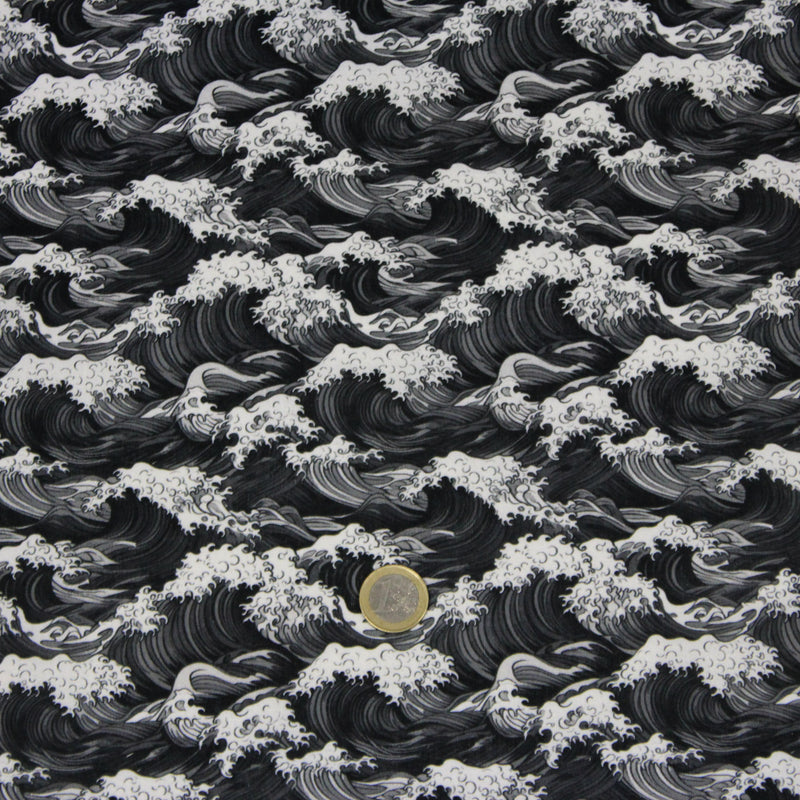 Tissu cotonnade motif japonais de la vague Kanagawa d’Hokusai, tons noirs & blancs - OEKO - TEX - TissusPapi.com