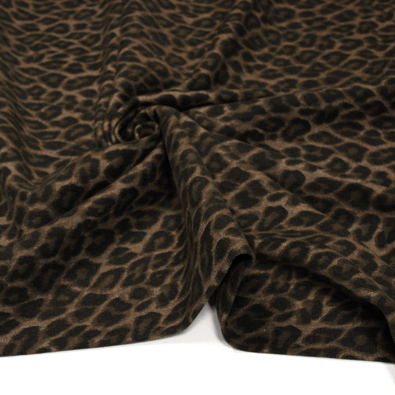Tissu DENIM brut coton, imprimé motif léopard : trois couleurs dispo : noir / vert kaki / chocolat