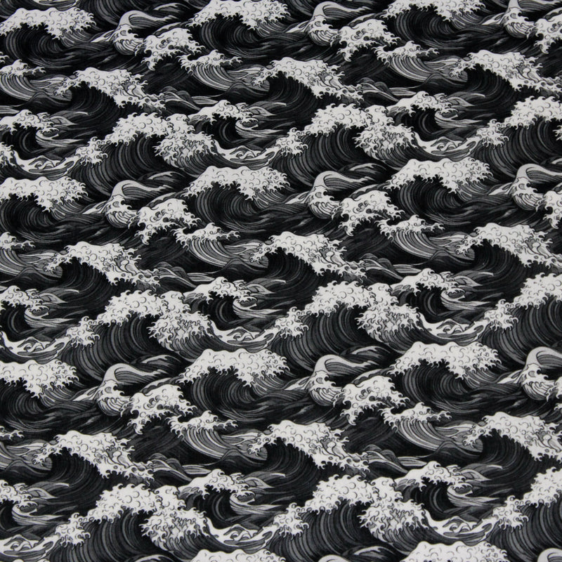 Tissu cotonnade motif japonais de la vague Kanagawa d’Hokusai, tons noirs & blancs - OEKO - TEX - TissusPapi.com