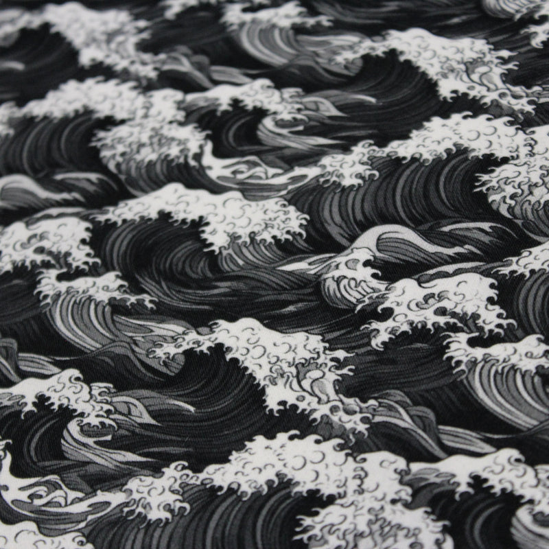 Tissu cotonnade motif japonais de la vague Kanagawa d’Hokusai, tons noirs & blancs - OEKO - TEX - TissusPapi.com