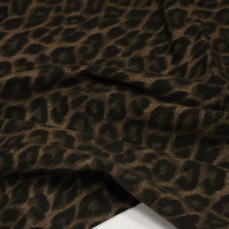 Tissu DENIM brut coton, imprimé motif léopard : trois couleurs dispo : noir / vert kaki / chocolat