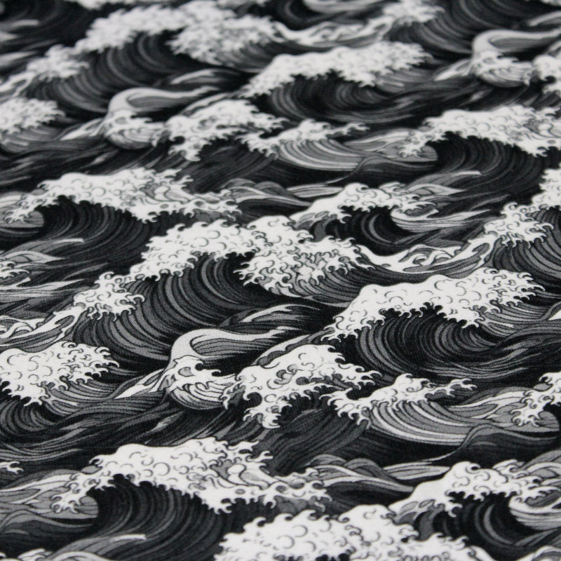 Tissu cotonnade motif japonais de la vague Kanagawa d’Hokusai, tons noirs & blancs - OEKO - TEX - TissusPapi.com