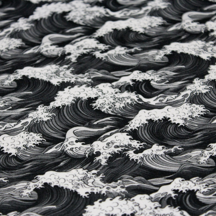 Tissu cotonnade motif japonais de la vague Kanagawa d’Hokusai, tons noirs & blancs