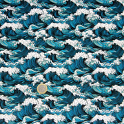 Tissu cotonnade motif japonais de la vague Kanagawa d’Hokusai, tons vert canard & blancs - OEKO - TEX - TissusPapi.com