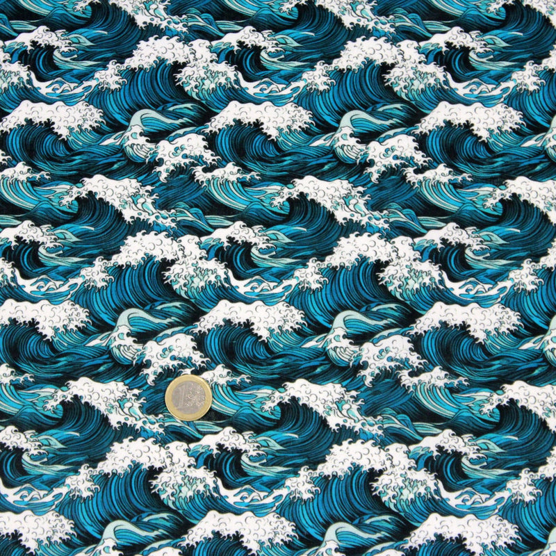 Tissu cotonnade motif japonais de la vague Kanagawa d’Hokusai, tons vert canard & blancs - OEKO - TEX - TissusPapi.com