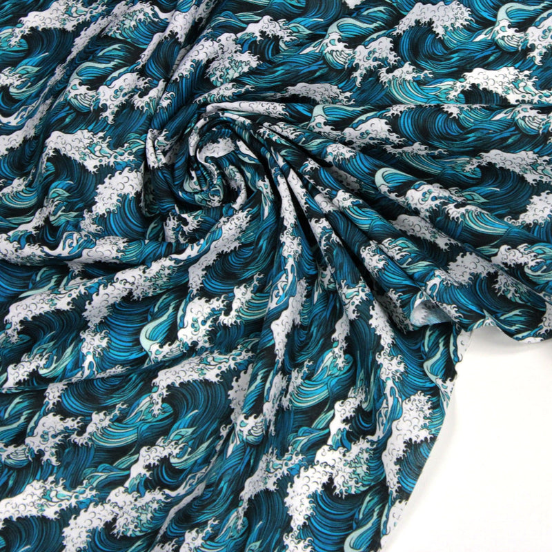 Tissu cotonnade motif japonais de la vague Kanagawa d’Hokusai, tons vert canard & blancs - OEKO - TEX - TissusPapi.com