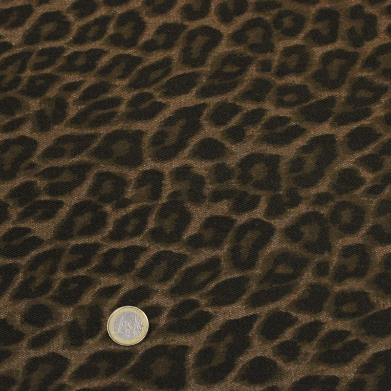 Tissu DENIM brut coton, imprimé motif léopard : trois couleurs dispo : noir / vert kaki / chocolat