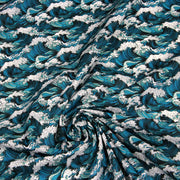 Tissu cotonnade motif japonais de la vague Kanagawa d’Hokusai, tons vert canard & blancs - OEKO - TEX - TissusPapi.com