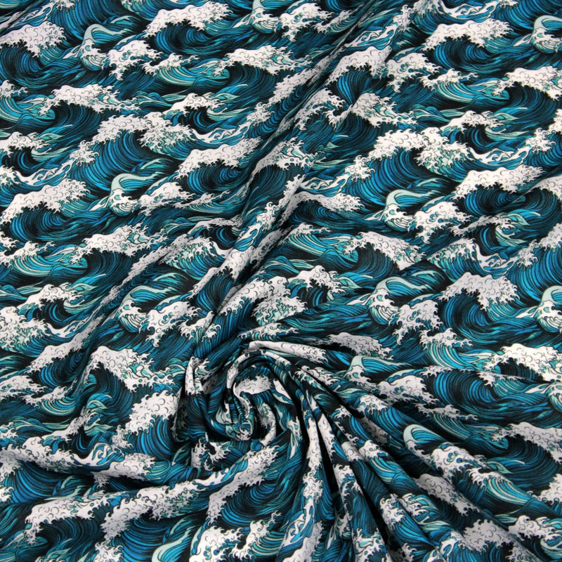 Tissu cotonnade motif japonais de la vague Kanagawa d’Hokusai, tons vert canard & blancs - OEKO - TEX - TissusPapi.com