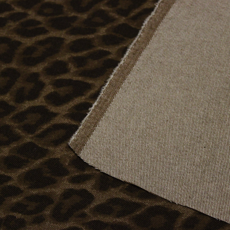 Tissu DENIM brut coton, imprimé motif léopard : trois couleurs dispo : noir / vert kaki / chocolat