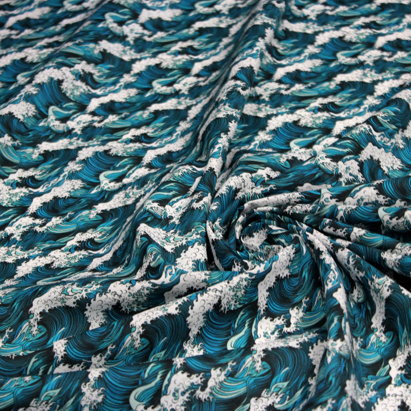 Tissu cotonnade motif japonais de la vague Kanagawa d’Hokusai, tons vert canard & blancs - OEKO - TEX - TissusPapi.com