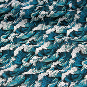Tissu cotonnade motif japonais de la vague Kanagawa d’Hokusai, tons vert canard & blancs - OEKO - TEX - TissusPapi.com