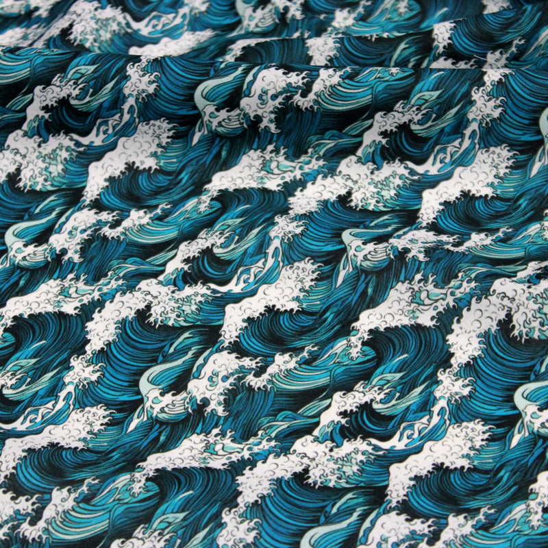 Tissu cotonnade motif japonais de la vague Kanagawa d’Hokusai, tons vert canard & blancs - OEKO - TEX - TissusPapi.com