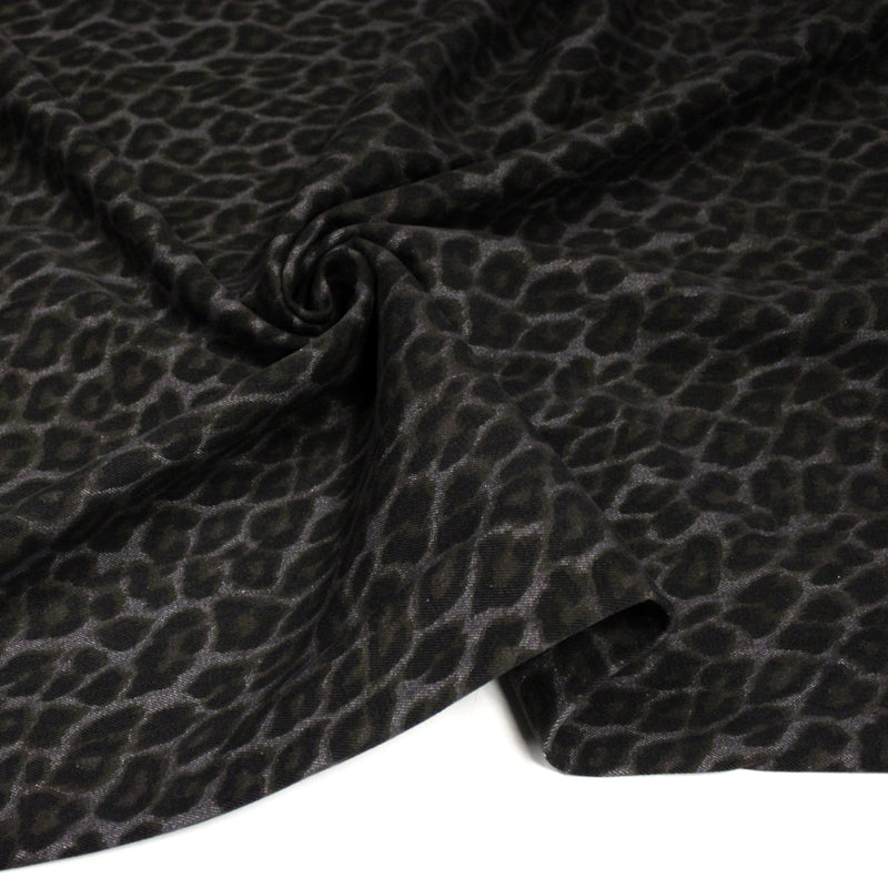 Tissu DENIM brut coton, imprimé motif léopard : trois couleurs dispo : noir / vert kaki / chocolat
