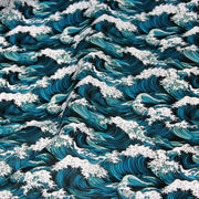 Tissu cotonnade motif japonais de la vague Kanagawa d’Hokusai, tons vert canard & blancs - OEKO - TEX - TissusPapi.com