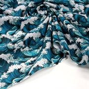 Tissu cotonnade motif japonais de la vague Kanagawa d’Hokusai, tons vert canard & blancs - OEKO - TEX - TissusPapi.com