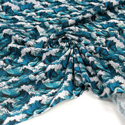Tissu cotonnade motif japonais de la vague Kanagawa d’Hokusai, tons vert canard & blancs - OEKO - TEX - TissusPapi.com