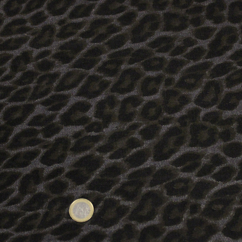 Tissu DENIM brut coton, imprimé motif léopard : trois couleurs dispo : noir / vert kaki / chocolat