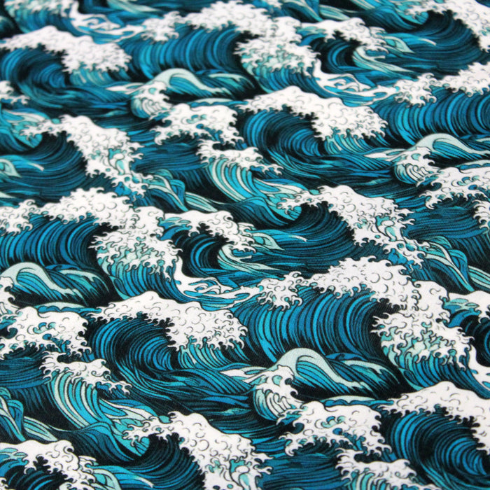 Tissu cotonnade motif japonais de la vague Kanagawa d’Hokusai, tons vert canard & blancs