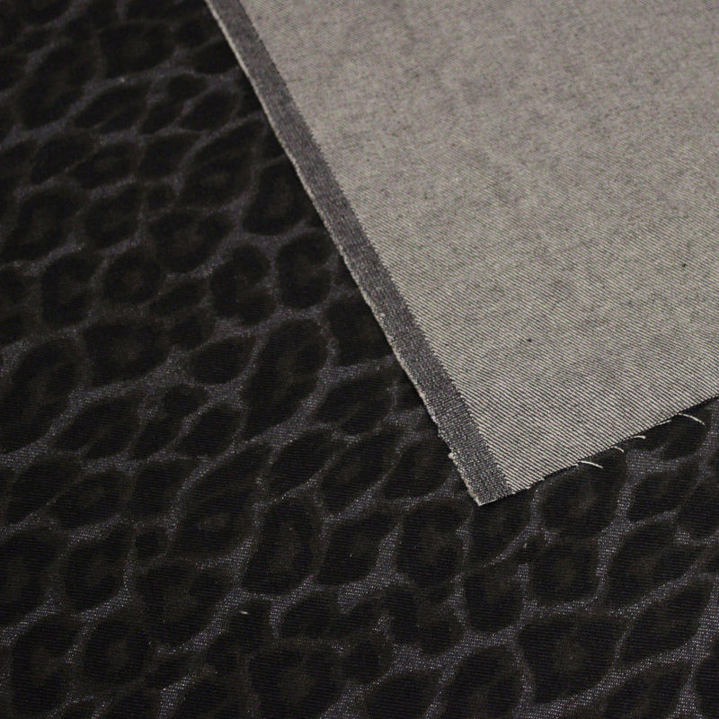 Tissu DENIM brut coton, imprimé motif léopard : trois couleurs dispo : noir / vert kaki / chocolat
