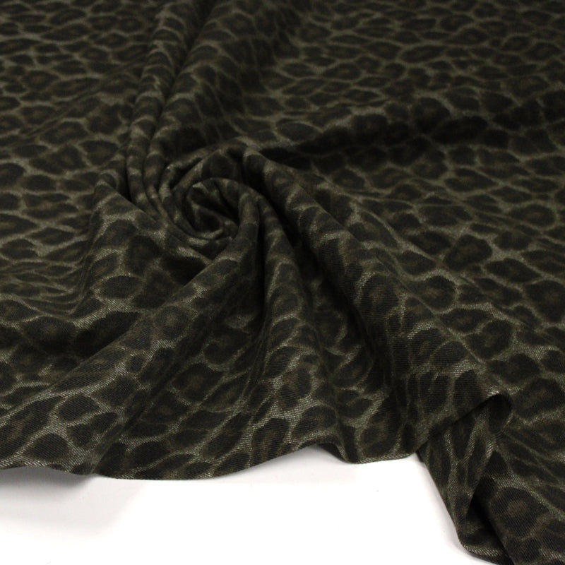 Tissu DENIM brut coton, imprimé motif léopard : trois couleurs dispo : noir / vert kaki / chocolat