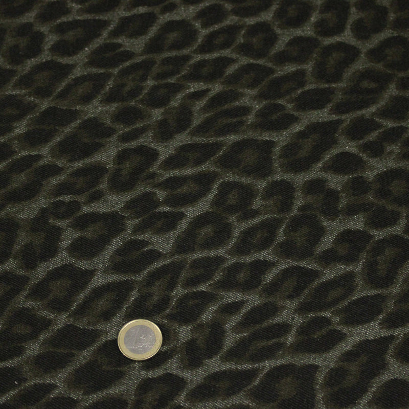 Tissu DENIM brut coton, imprimé motif léopard : trois couleurs dispo : noir / vert kaki / chocolat