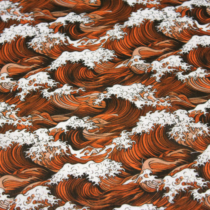 Tissu cotonnade motif japonais de la vague Kanagawa d’Hokusai, tons orange rouille & blancs