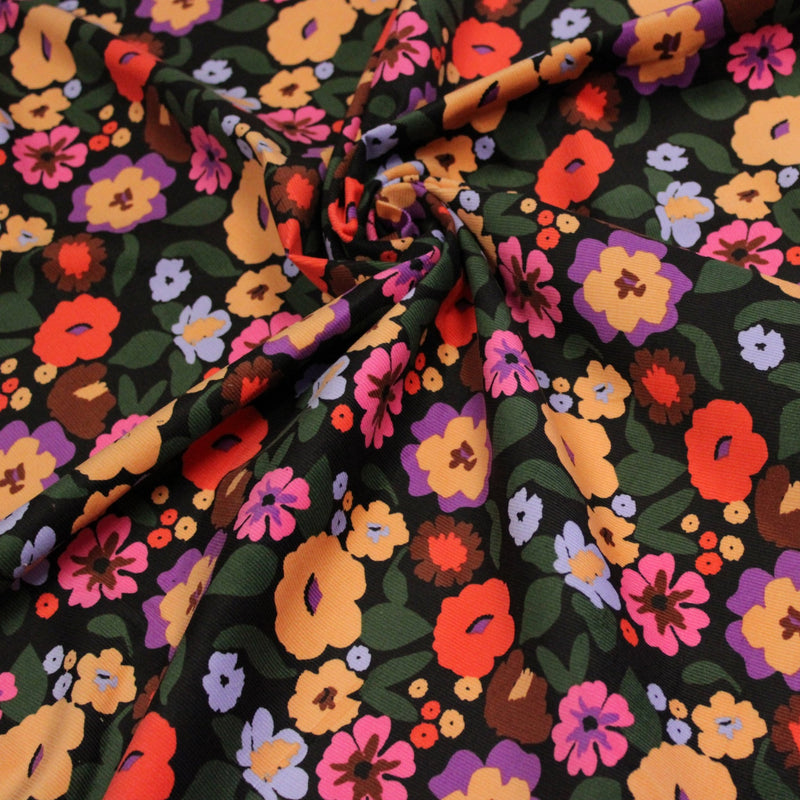 Tissu velours milleraies imprimé automnal coloré aux fleurs oranges, ocres, violettes - STANDARD 100 OEKO-TEX - TissusPapi.com