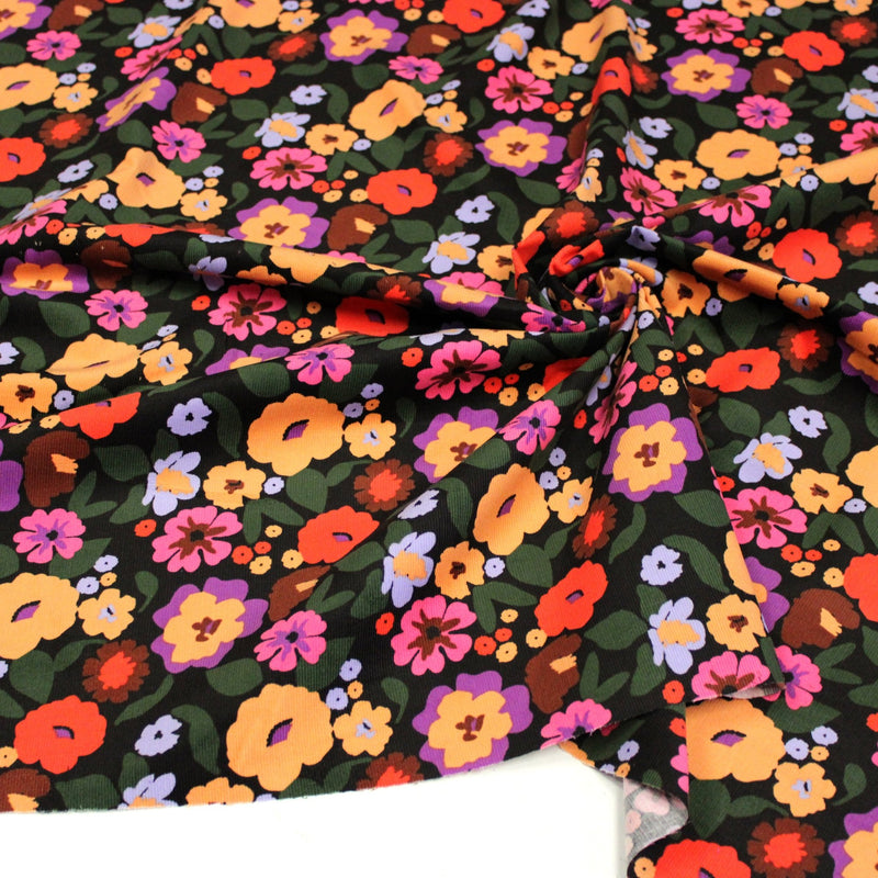 Tissu velours milleraies imprimé automnal coloré aux fleurs oranges, ocres, violettes - STANDARD 100 OEKO-TEX - TissusPapi.com