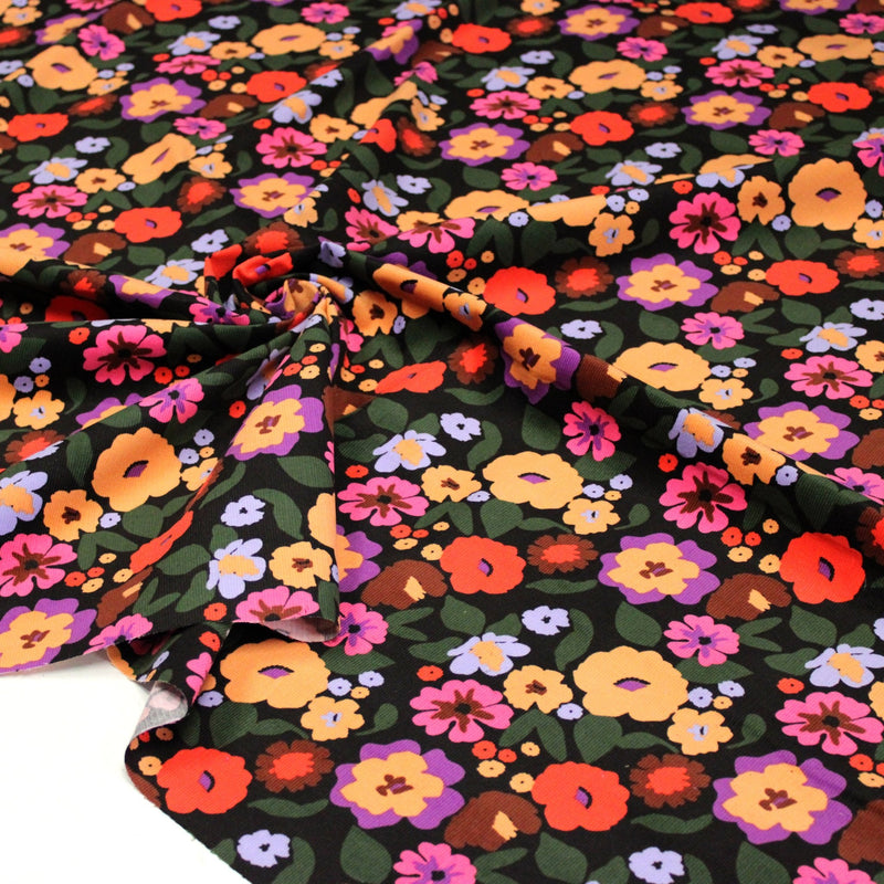 Tissu velours milleraies imprimé automnal coloré aux fleurs oranges, ocres, violettes - STANDARD 100 OEKO-TEX - TissusPapi.com