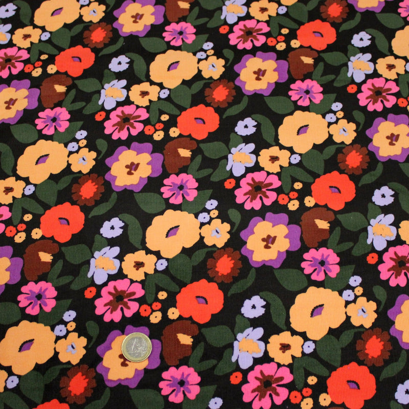 Tissu velours milleraies imprimé automnal coloré aux fleurs oranges, ocres, violettes - STANDARD 100 OEKO-TEX - TissusPapi.com