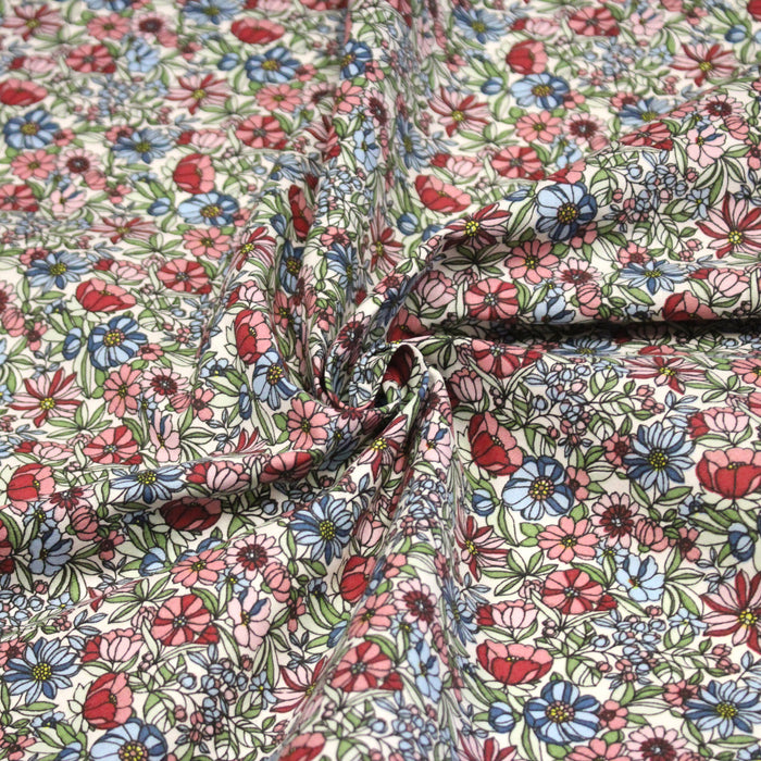 Tissu de coton VICTOIRE imprimé fleuri rose, bleu et vert