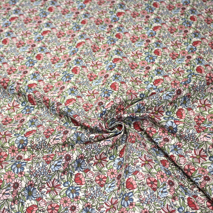 Tissu de coton VICTOIRE imprimé fleuri rose, bleu et vert