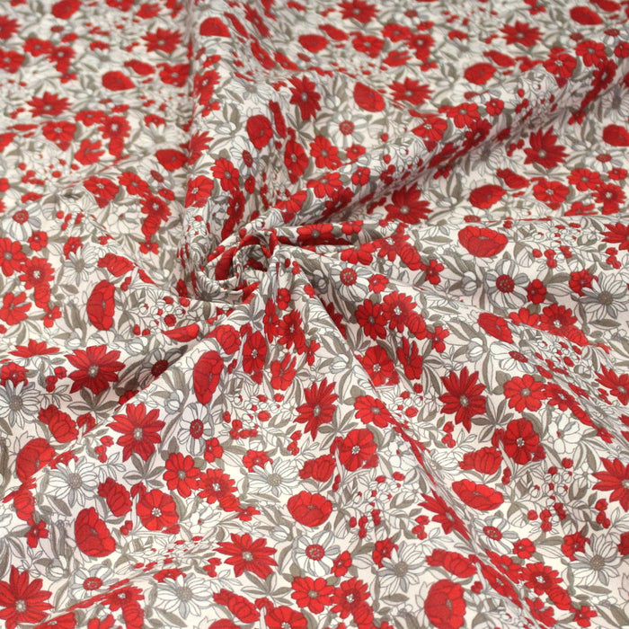 Tissu de coton VICTOIRE imprimé fleuri rouge et blanc