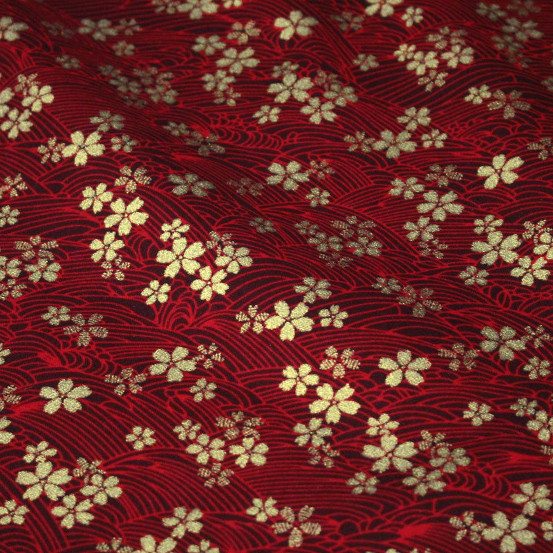 Tissu coton motif japonais vagues & fleurs sakura dorées : Bleu ou rouge - COLLECTION JAPON DORÉ - TissusPapi.com