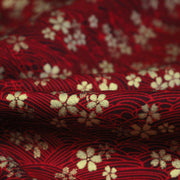 Tissu coton motif japonais vagues & fleurs sakura dorées : Bleu ou rouge - COLLECTION JAPON DORÉ - TissusPapi.com