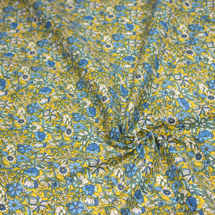 Tissu de coton VICTOIRE imprimé fleuri jaune bleu et blanc