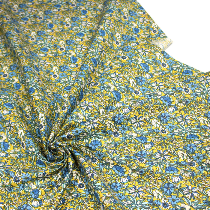 Tissu de coton VICTOIRE imprimé fleuri jaune bleu et blanc