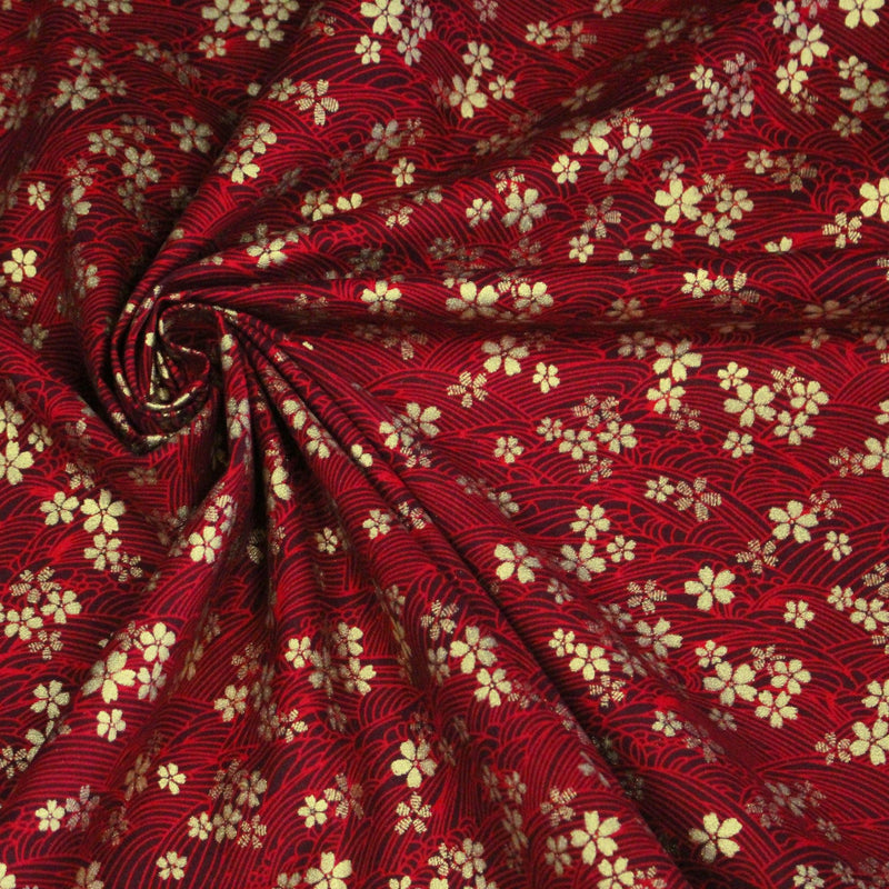Tissu coton motif japonais vagues & fleurs sakura dorées : Bleu ou rouge - COLLECTION JAPON DORÉ - TissusPapi.com
